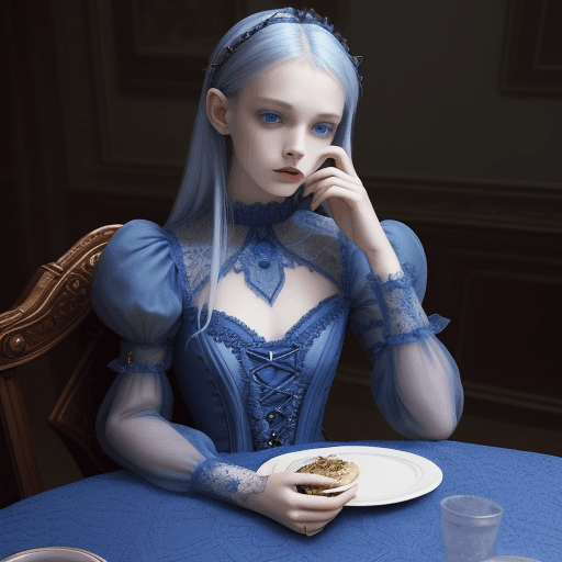 AI generated: a woman sitting at a table , by Valerie Petts, tumblr, intricate fantasy dress, blueish tones, offic...