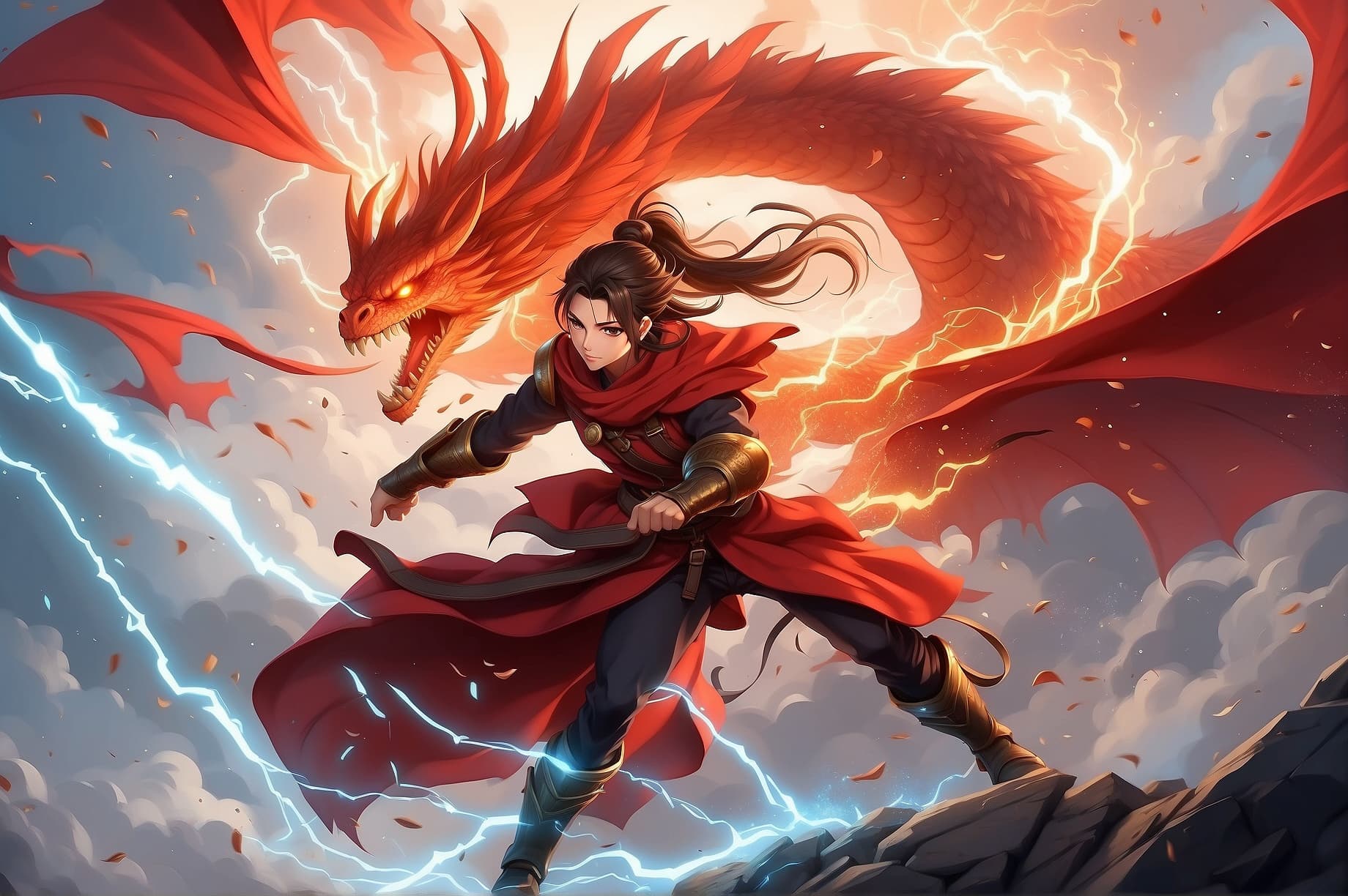 AI generated: An anime fierce female character, fierce red dragon-inspired clothing, dynamic battle pose, Lexeme-T...
