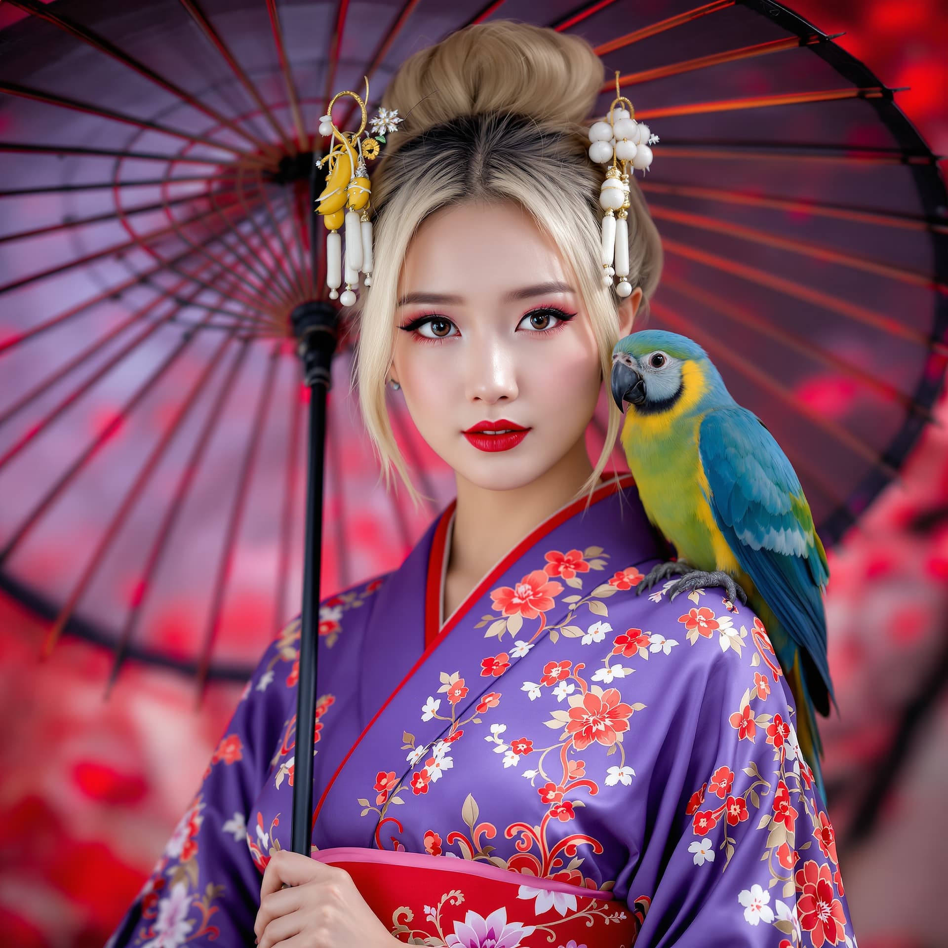 AI generated: A young, Asian woman, with fair skin and blonde flowing hair styled into a bun adorned with ornament...