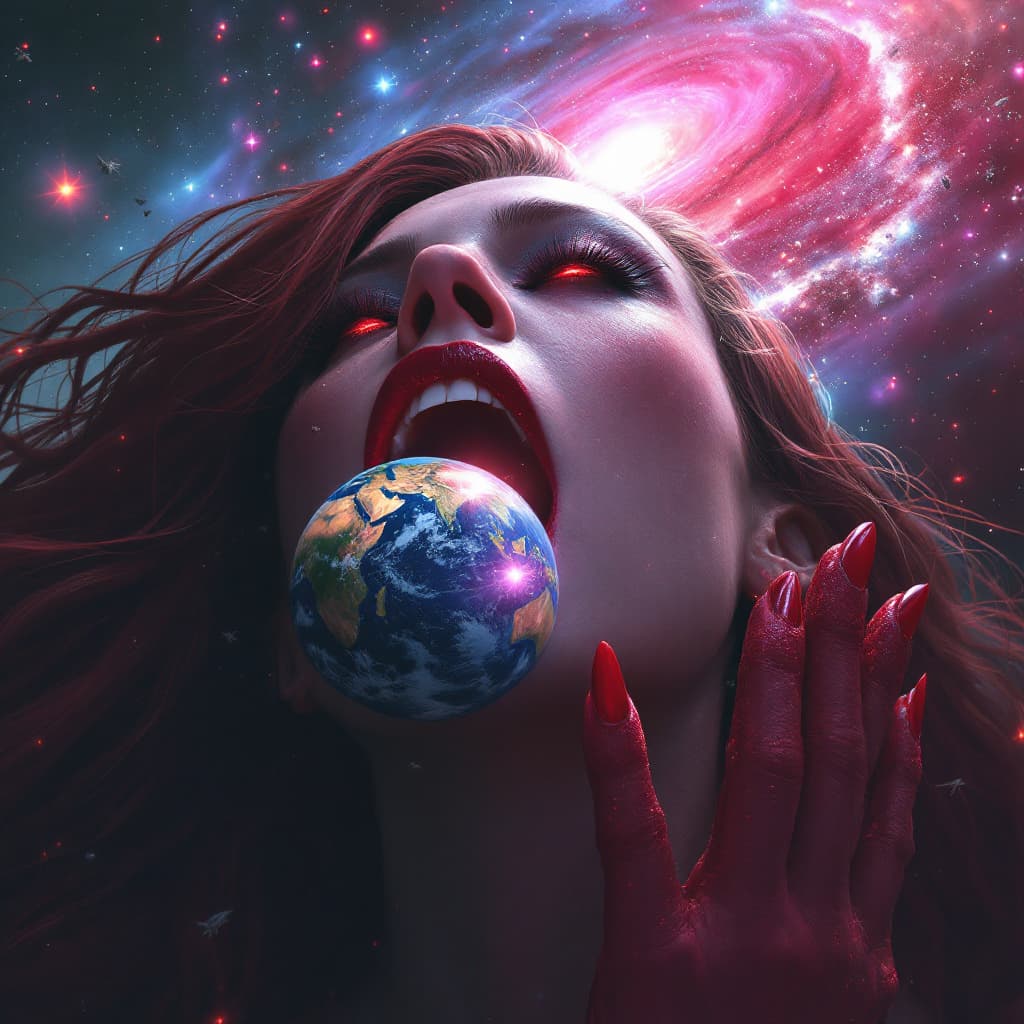 AI generated: enormous giantess elizabeth olsen, scarlet witch marvel, wanda maximoff
bigger than a galaxy  floati...