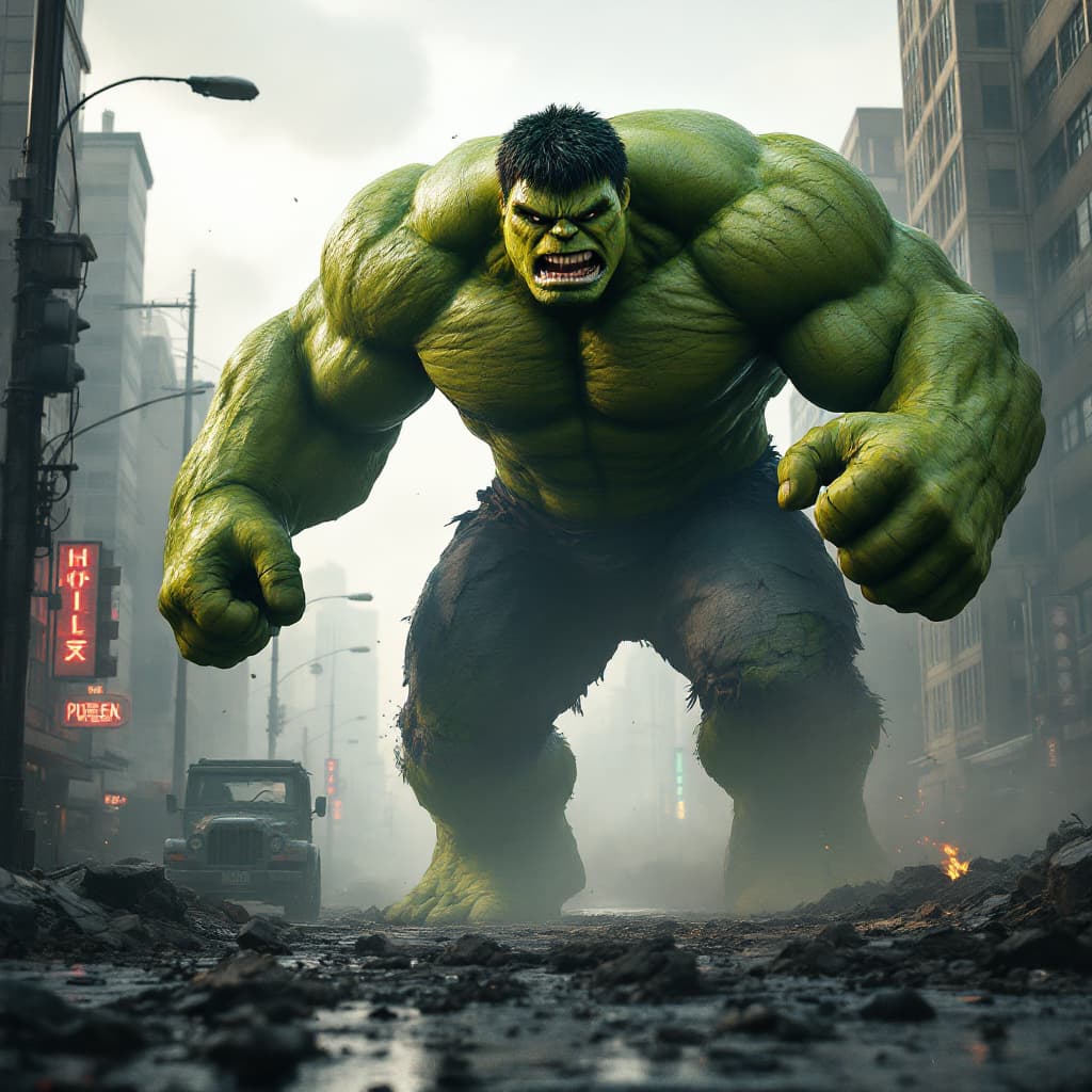 AI generated: Serangan Terakhir Hulk:
"Hulk, yang diselimuti asap dan bekas luka pertempuran, berdiri di tengah ja...