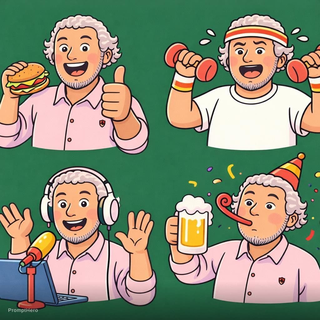 AI generated: illustration, series of simple and colorful, man, exaggerated, against a solid deep green background...