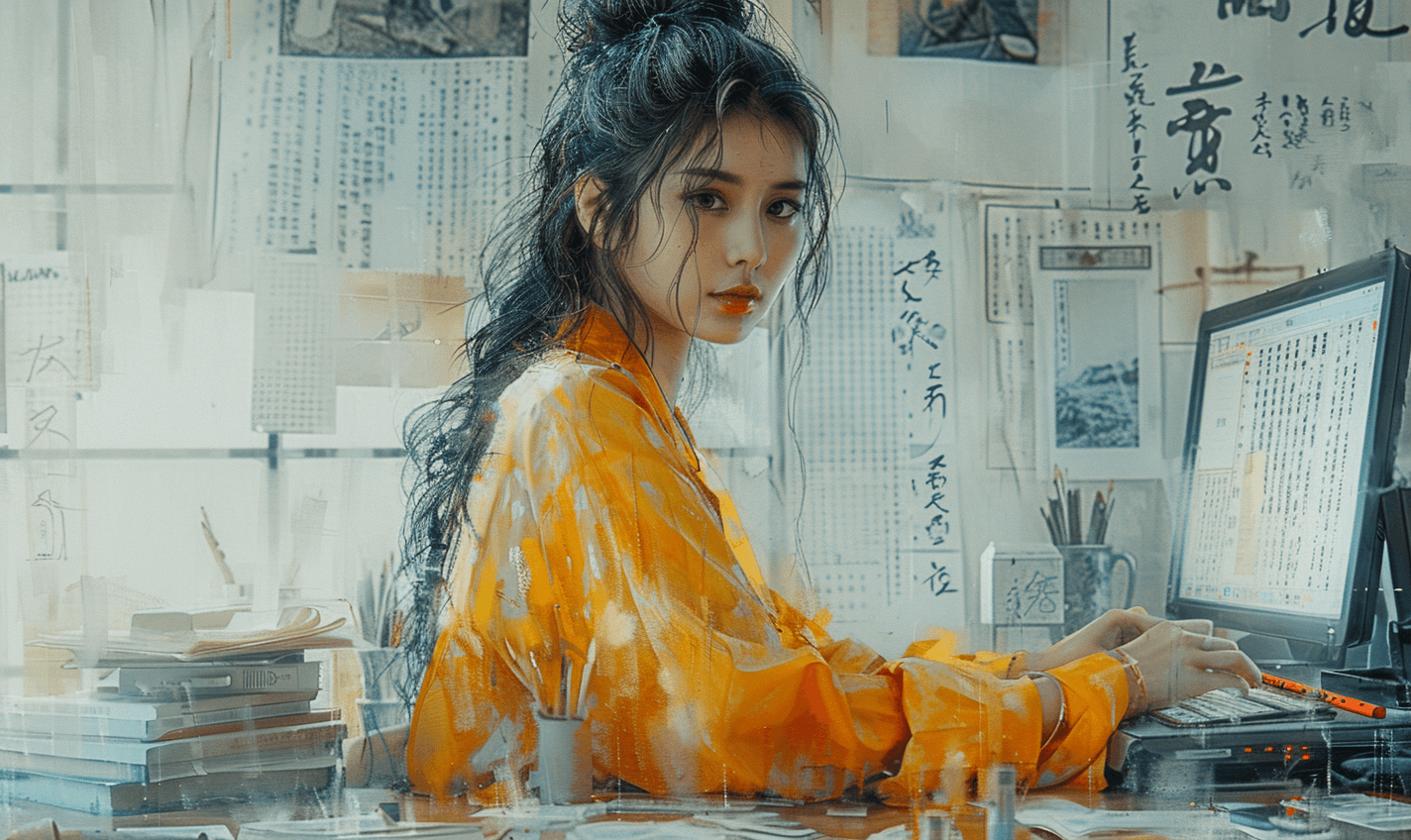 AI generated: image of a woman sitting at her computer at a desk, in the style of digital painting and drawing, ro...