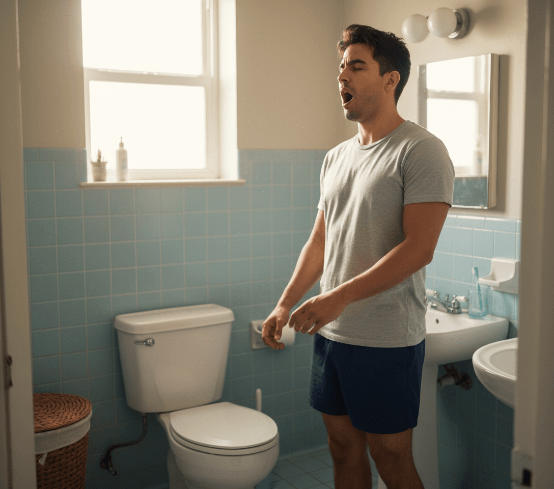 AI generated: Morning day light. Waking up, Hispanic male, brown skin 5'0" tall, he is standing next to the toilet...