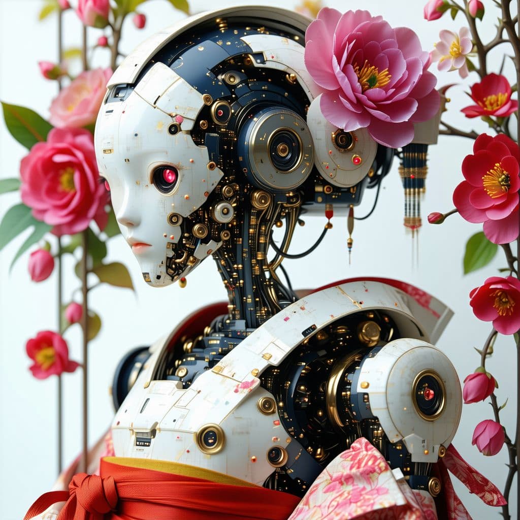 AI generated: Cyberpunk humanoid robot geisha, flower kimono, very colorful, depressed look, hypermaximalist, eleg...