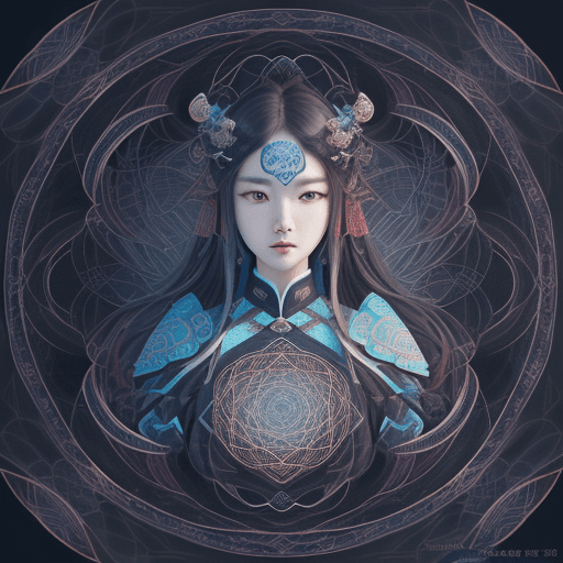 AI generated: <lora:zhongfenghua:0.4> zhongfenghua, (geometric abstract background:1.4), esoteric, 1girl, depth of...