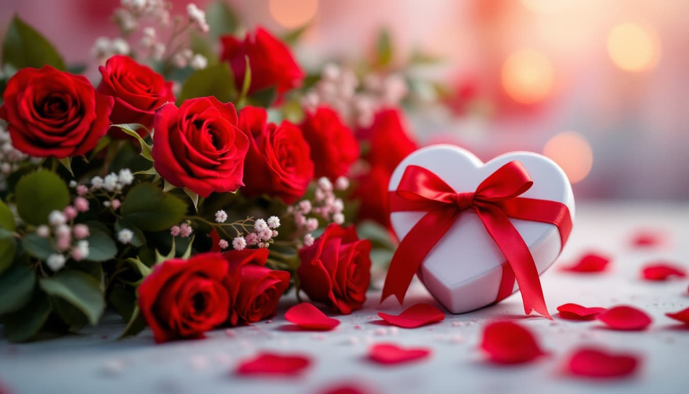 AI generated: Valentine's Day scene, vibrant red roses, heart-shaped gift box, red ribbon bow, romantic atmosphere...