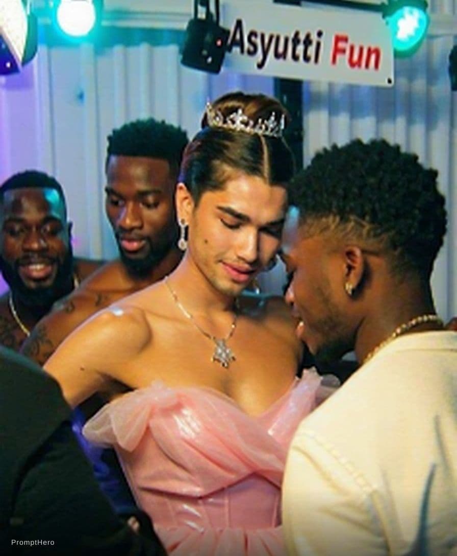 AI generated: picture of the guy below in a pink princess dress in a club with a banner that says "Asyuti Fun" als...