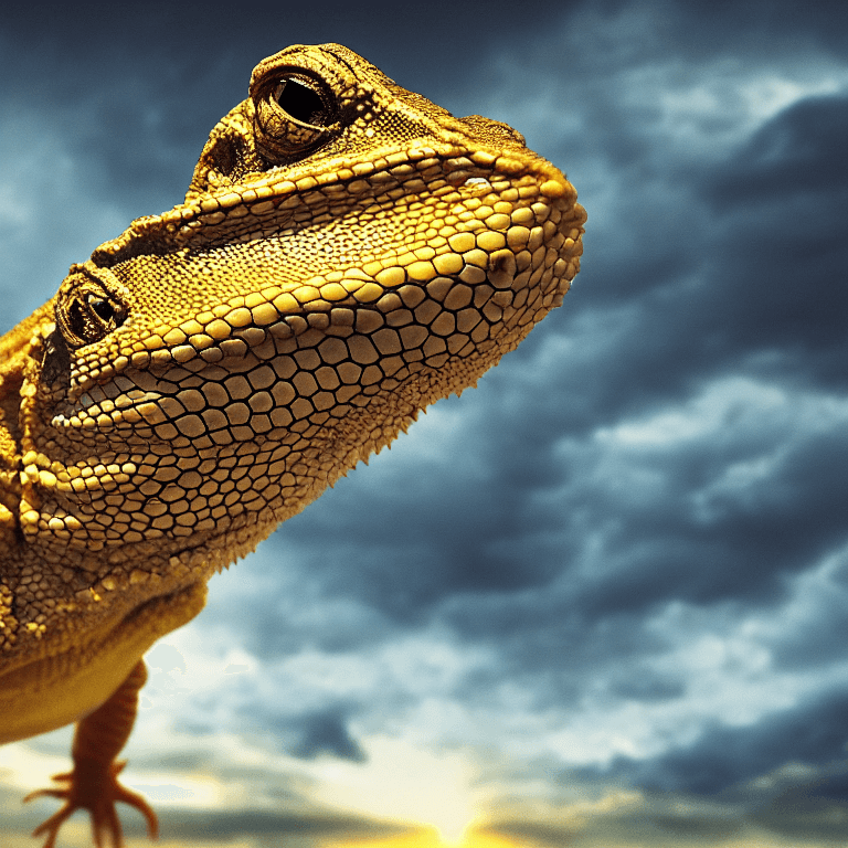 AI generated: One crazy lizard, frontal portrait, hyper realist, cinematic light, panoramic sky