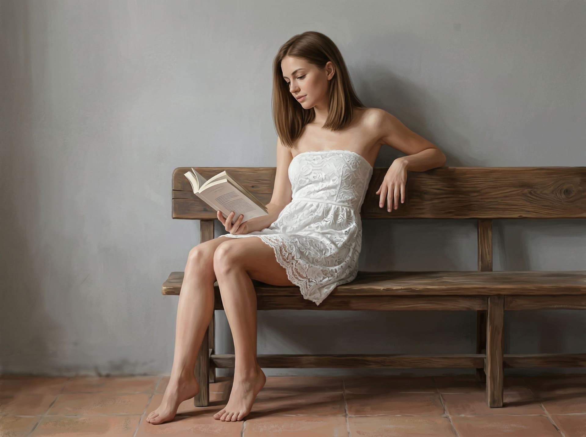 AI generated: A beautiful athletic young woman with brown hair and fair skin, petite body and flat chest, small br...
