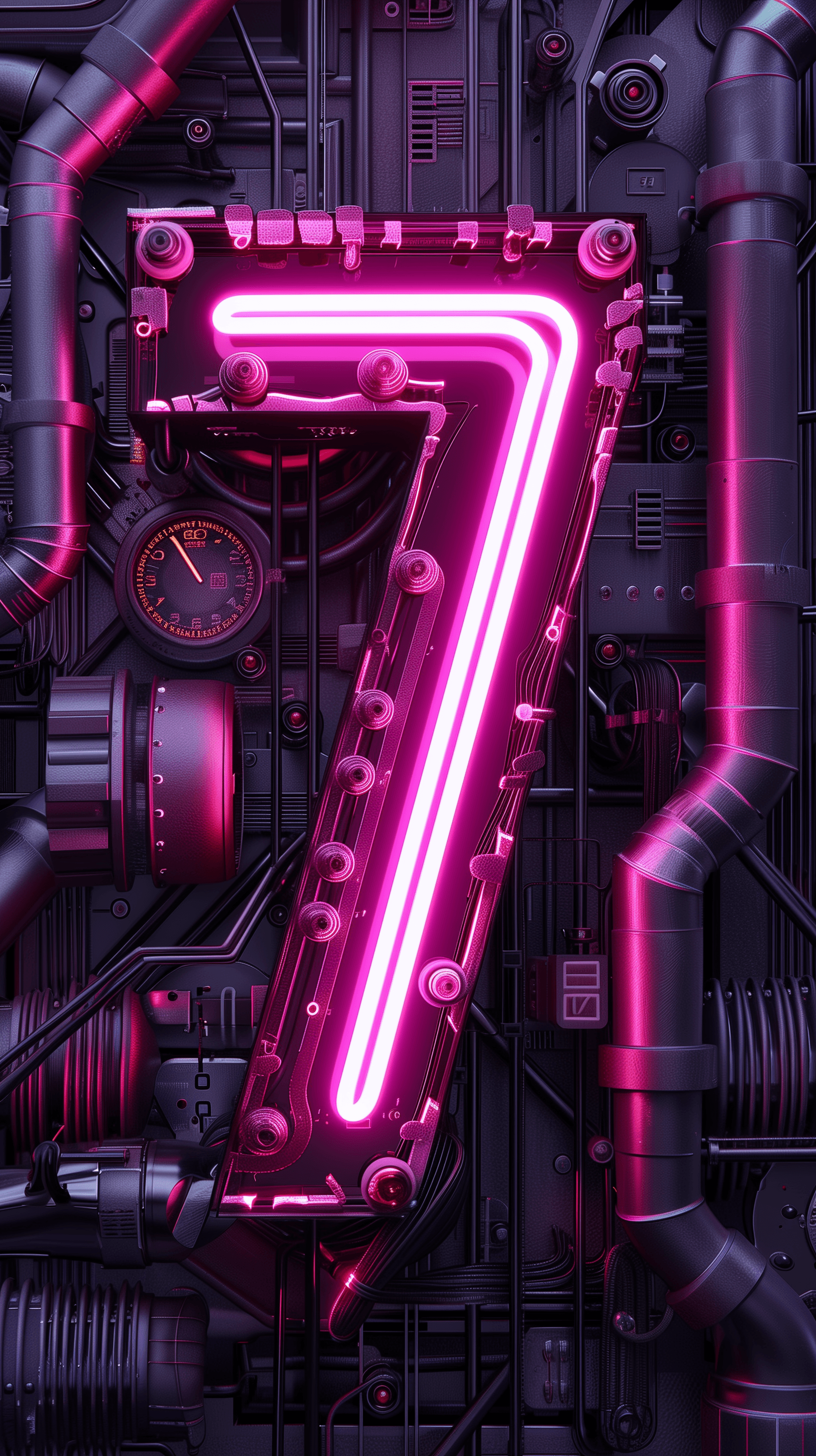 AI generated: number '7' sculpted from intertwined neon tubes in a bright magenta color, front view, set against a...