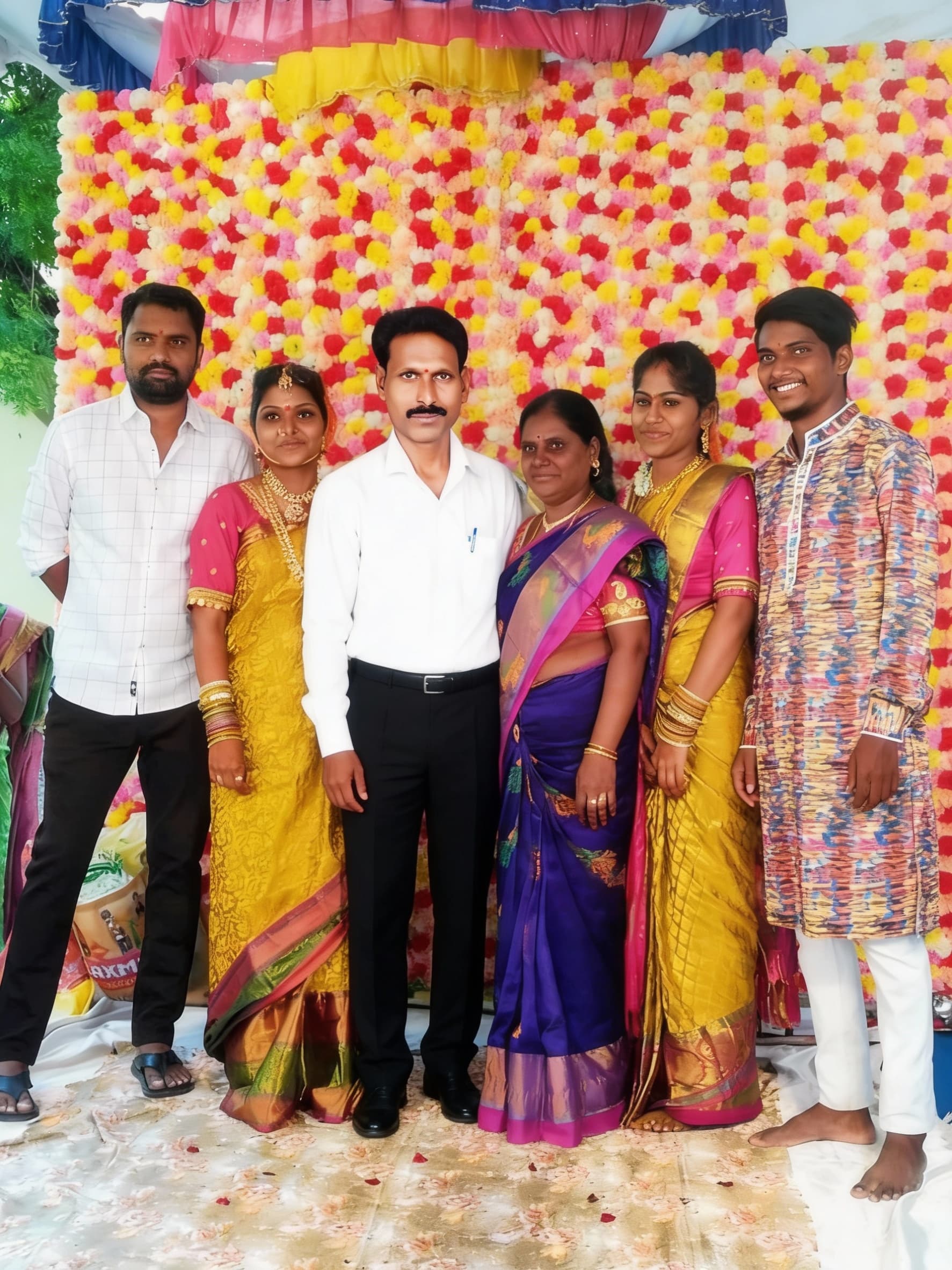 AI generated: Recreate a image of a family adding a man in between of a group photo he wearing white shirt and bla...