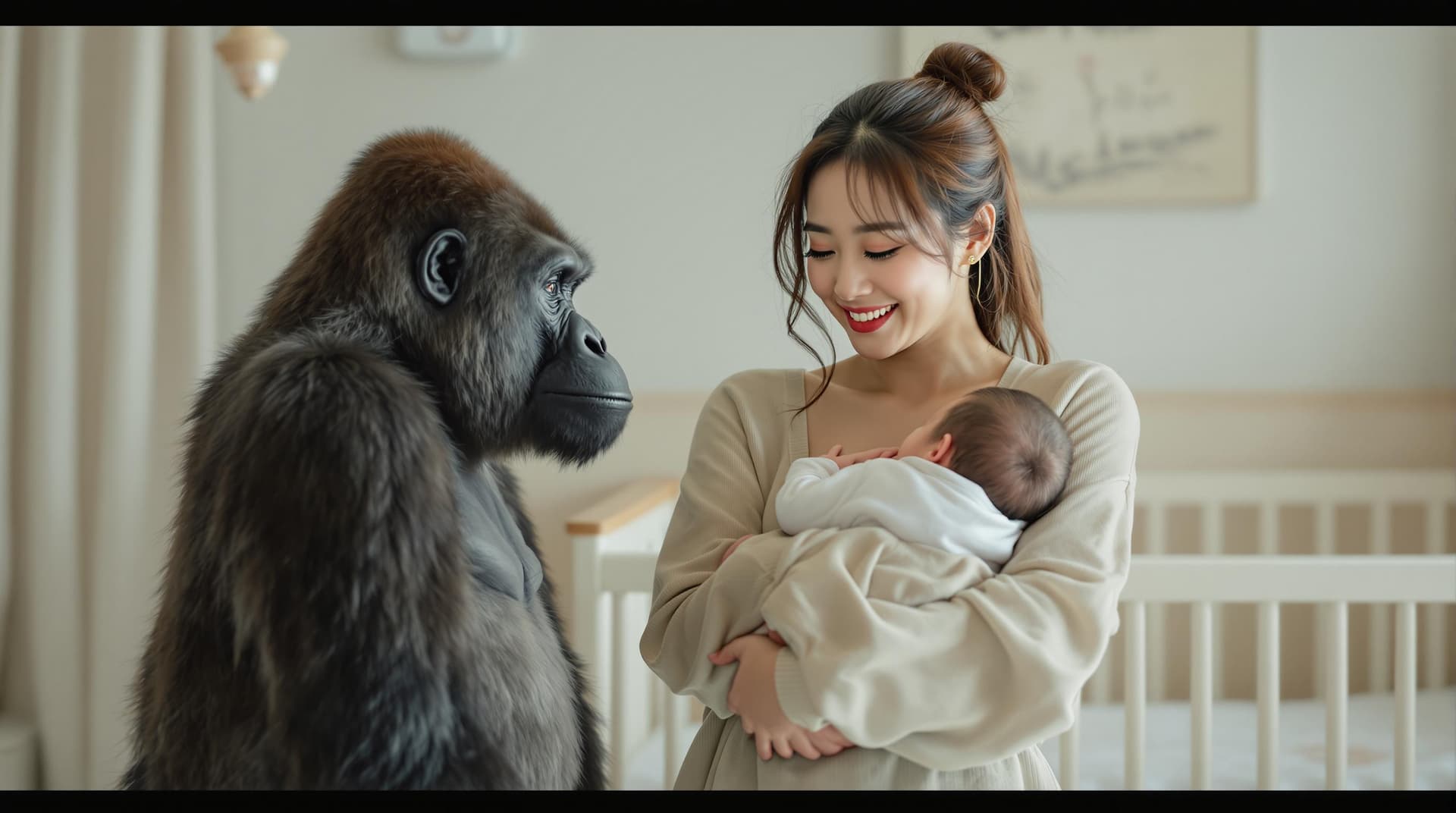 AI generated: Promotional modeling shot of a 30 year old Korean mother holding her baby in her arms, with a gorill...