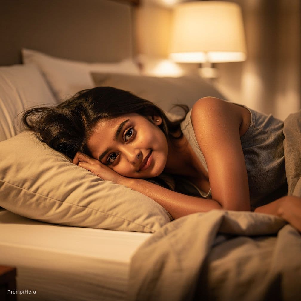 AI generated: Same girl as reference Beautiful Indian girl lying on a bed on her side, wearing a casual sleeveless...