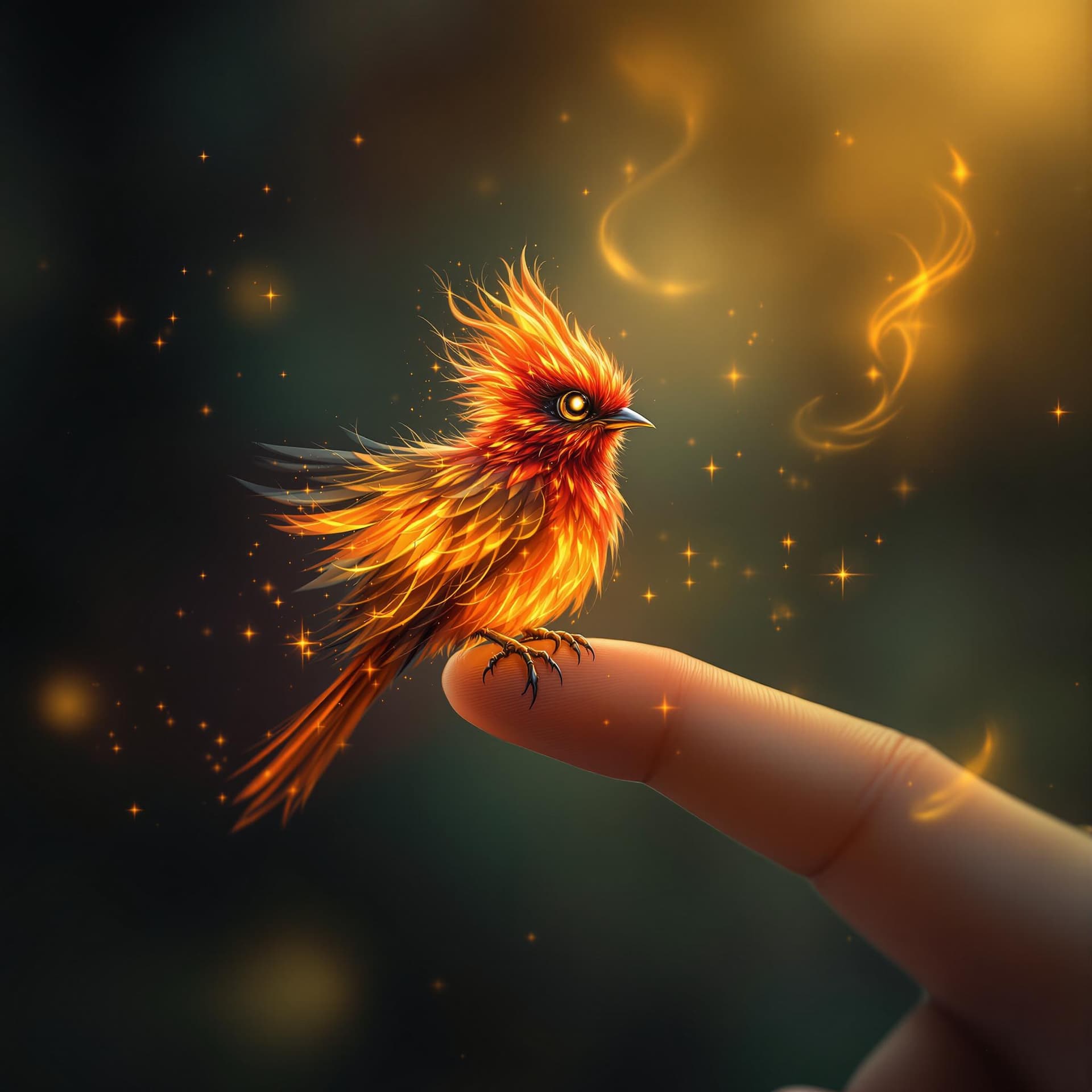 AI generated: Create a detailed and enchanting image of a tiny fire bird perched on a person's finger. The fire bi...