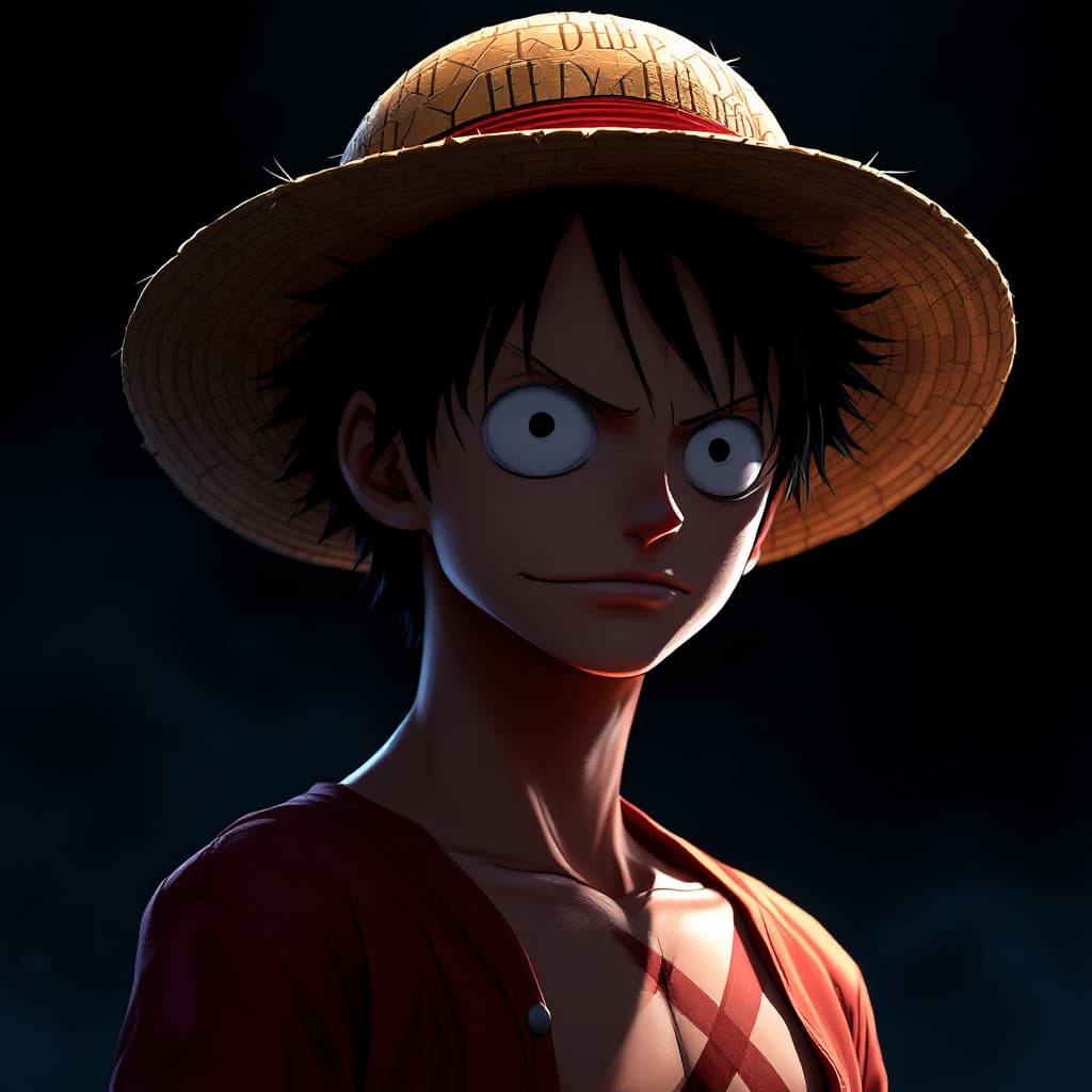 AI generated: Monkey D. Luffy, one piece anime, X-shaped scar on his chest, Straw Hat, symmetrical body, portrait,...