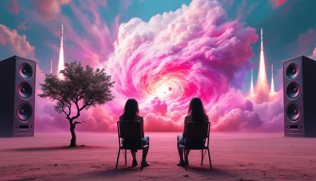 AI generated: Surreal landscape collage. Two Stunning Women, likely young adults, sit in chairs facing a massive, ...