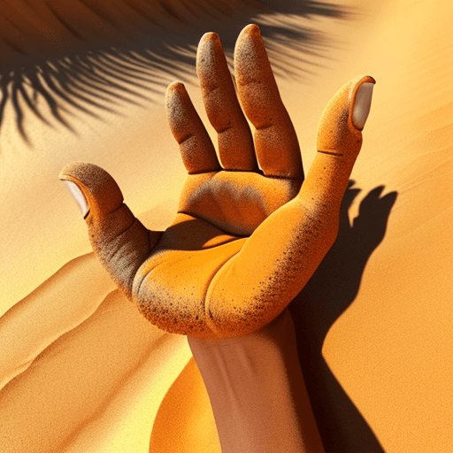 AI generated: Close up image of empty cupped european hands. The hands are casting a shadow on dry orange windswep...