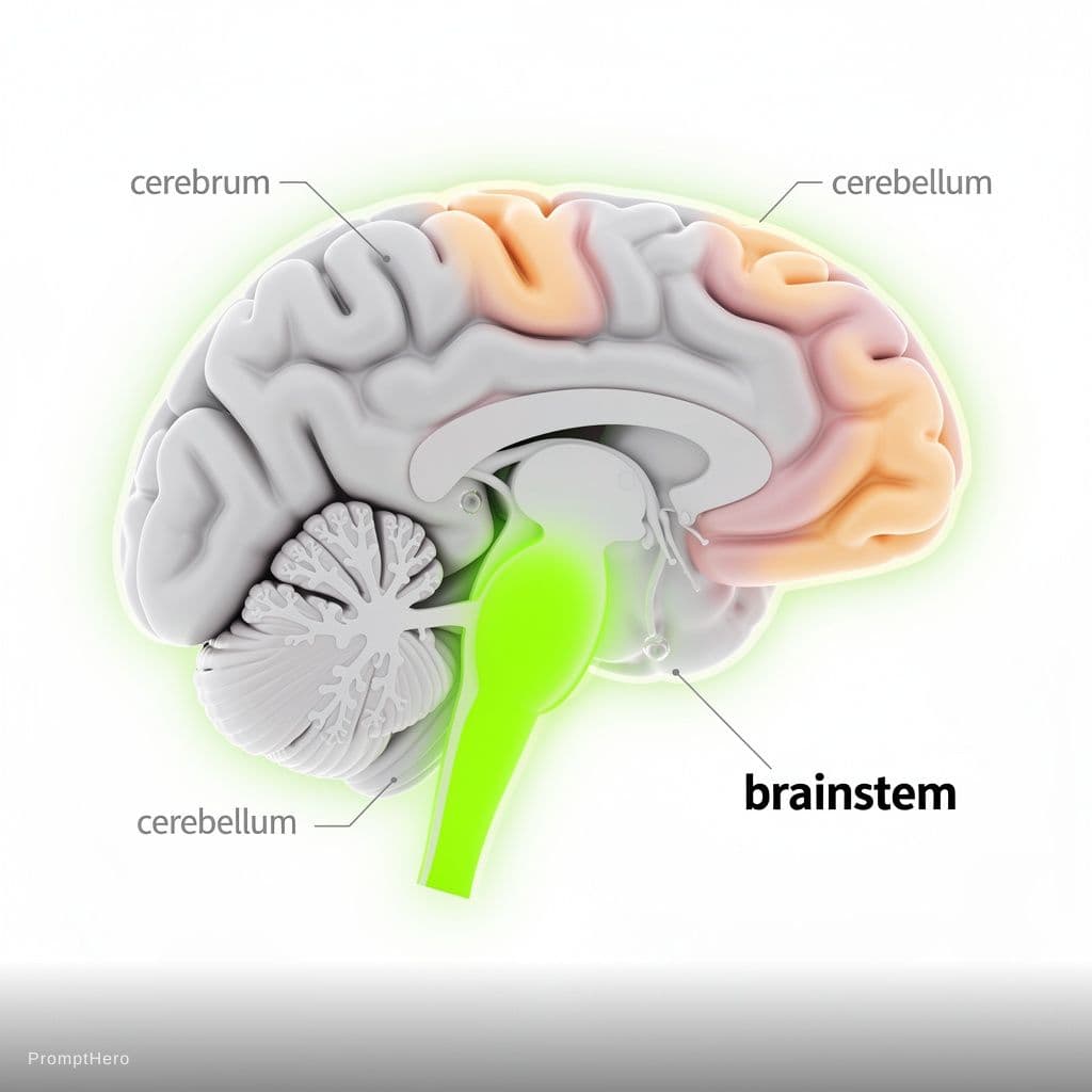 AI generated: clean scientific animation showing a chicken’s brain, highlighting the "brainstem" glowing neon gree...