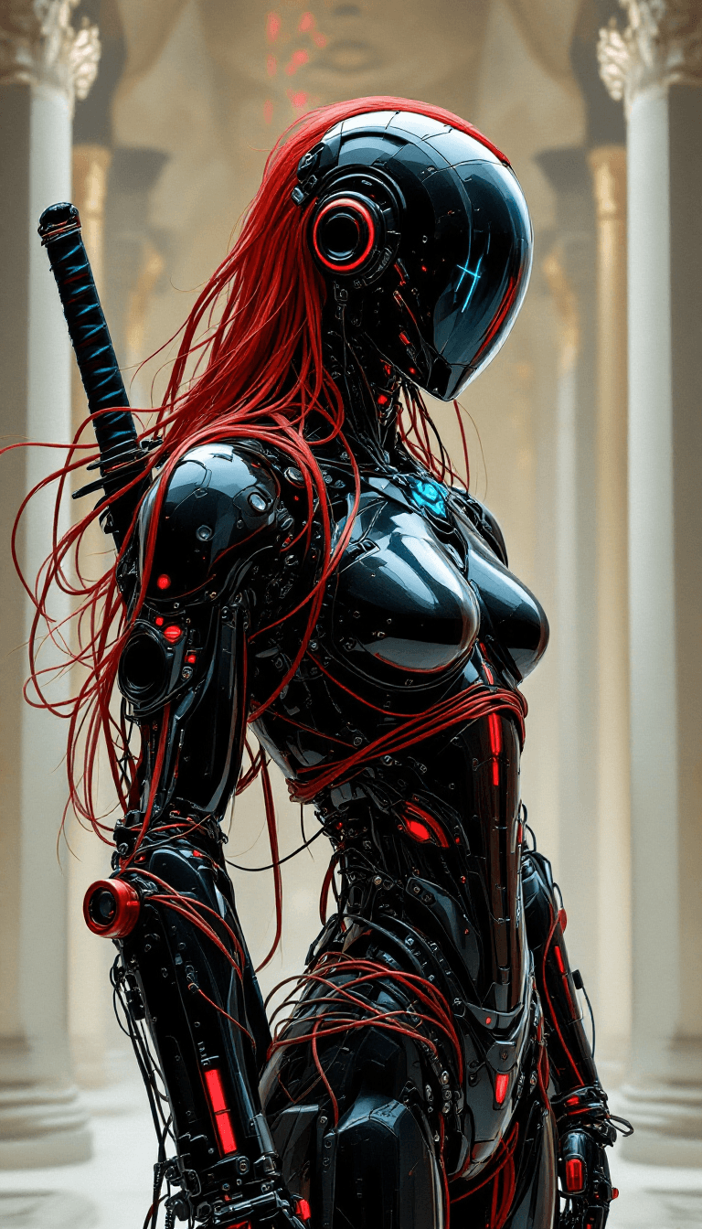 AI generated: in the style of ck-sfc, male cyberpunk robot modern, robot face with mirrored face shield, hyperdeta...