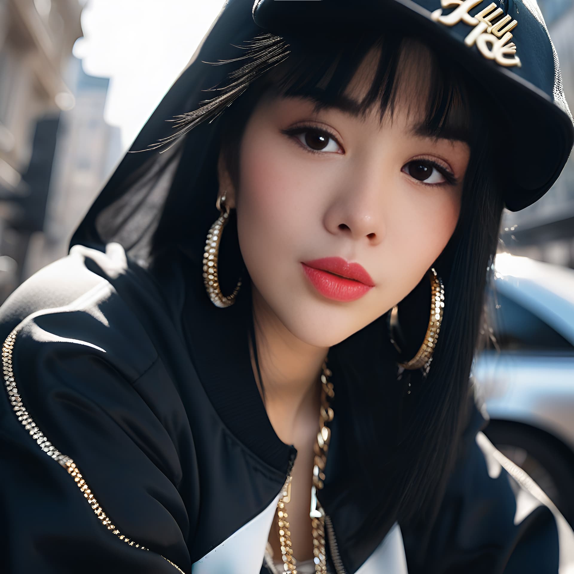 AI generated: a girl wearing RNB style hip hop clothes, in the middle of a luxurious city, the light is very good,...