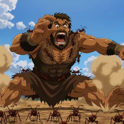 AI generated video: An animation of several ants working together to defeat a giant villain in a flower.