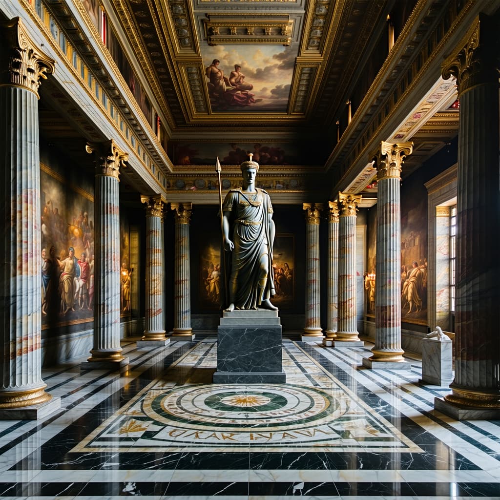 AI generated: An ancient Roman imperial hall, featuring grand Corinthian marble columns, intricate stone-carved fr...