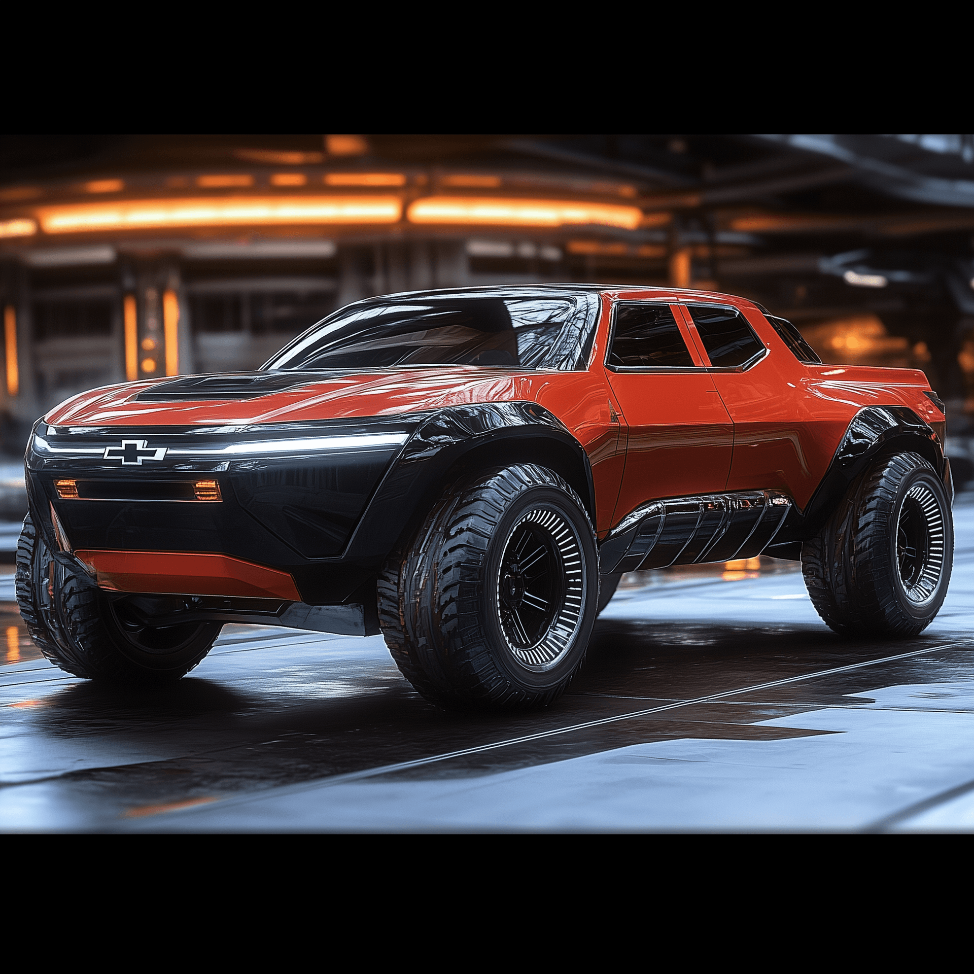AI generated:  Silverado, chevy, pickup, truck, Cyberpunk 2077, concept, future, wide angle shot --chaos 45 --styl...