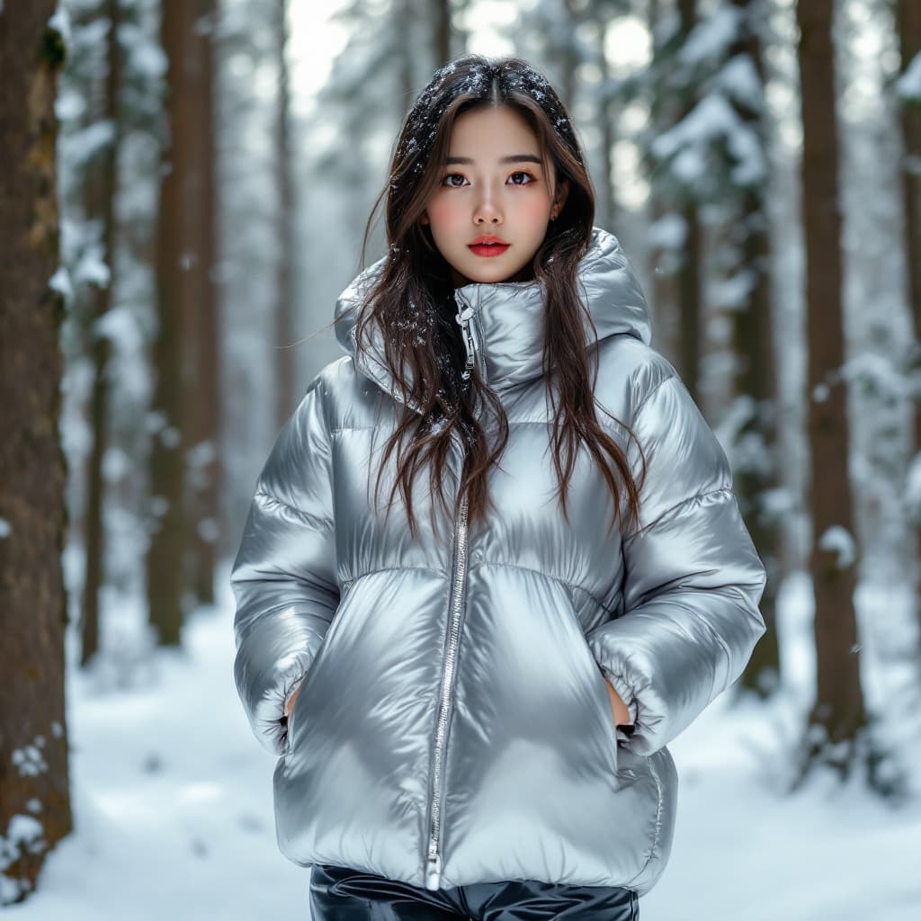 AI generated: A young Asian woman, 18-20 years old, stands in a snowy forest. Her long hair is heavy dusted with s...