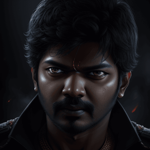 AI generated: Tamil Actor Vijay, in dynamic, atmosphere of darkness and horror, dramatic light, highly detailed, p...