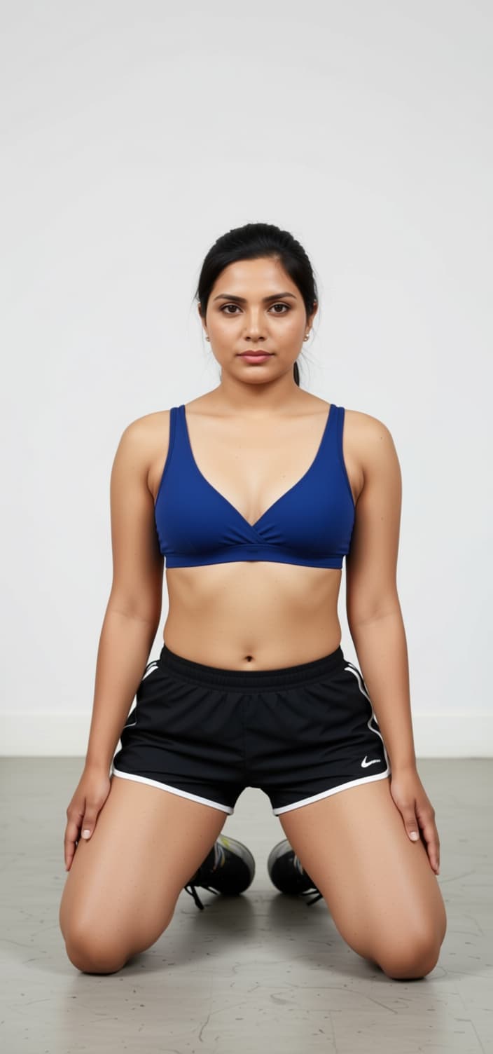 AI generated: The subject shall have just finished a workout.
The subject shall wear a bikini top and gym shorts.
...