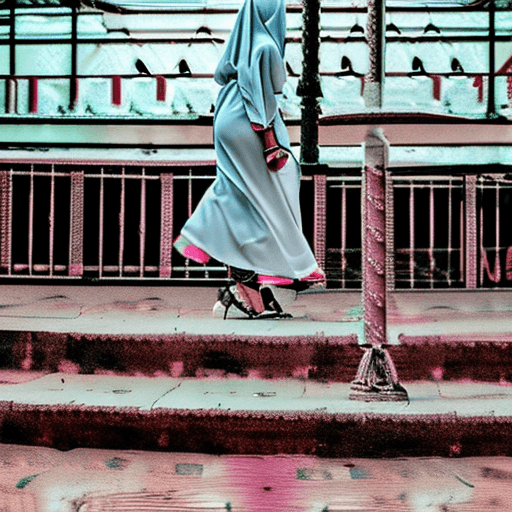 AI generated: muslim woman wearing pink color transparent hijab, full body photo, seductive restrained smile, roun...