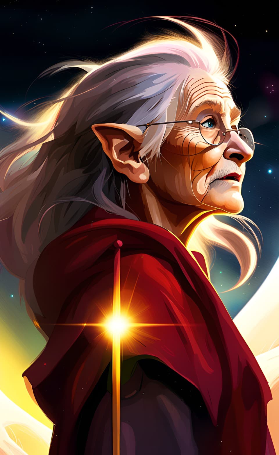 AI generated: A portrait art of the Timekeeper, a Harry Potter style character, as an elderly magical alien humano...