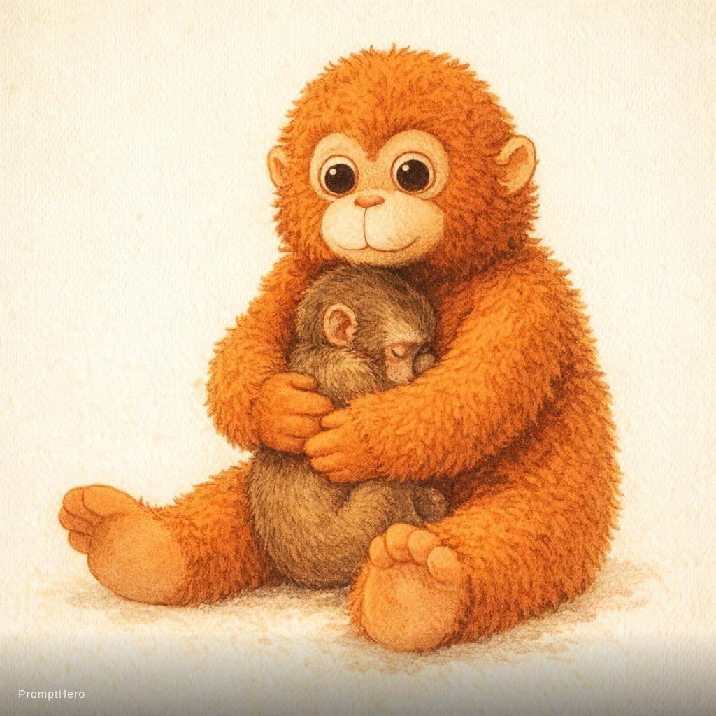 AI generated: vintage storybook illustration, small baby monkey hiding against the chest of a large orange plush s...