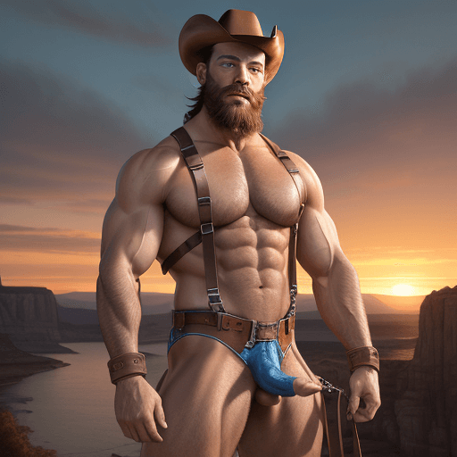 AI generated: flaccid penis,
8k raw photo of a muscular man wearing leather harness , cowboy shot,( blue eyes:1.1)...