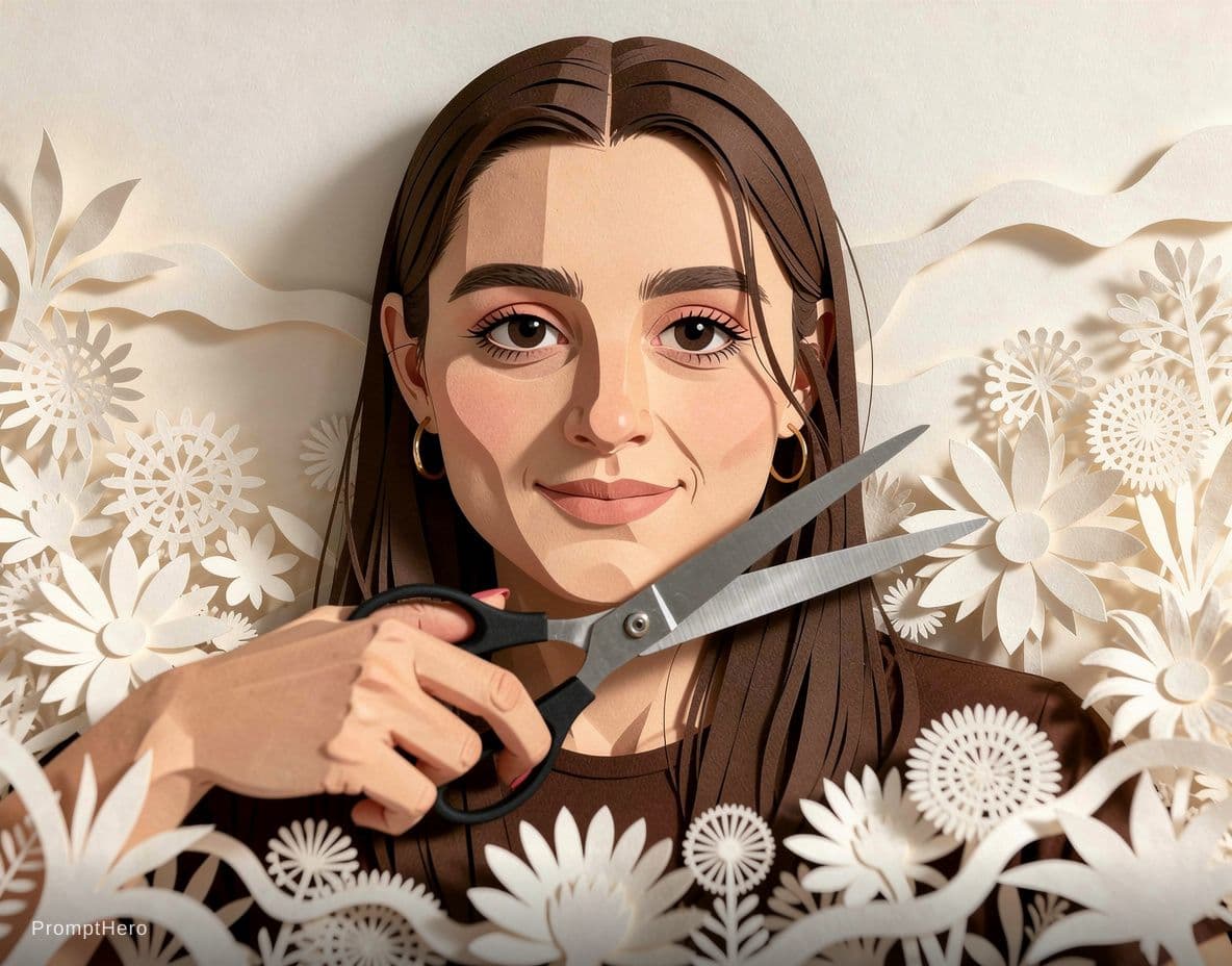 AI generated: Papercutting Art, Delicate Forms, Layered Paper, Intricate, Woman Holding Scissors Cutting, Precise ...