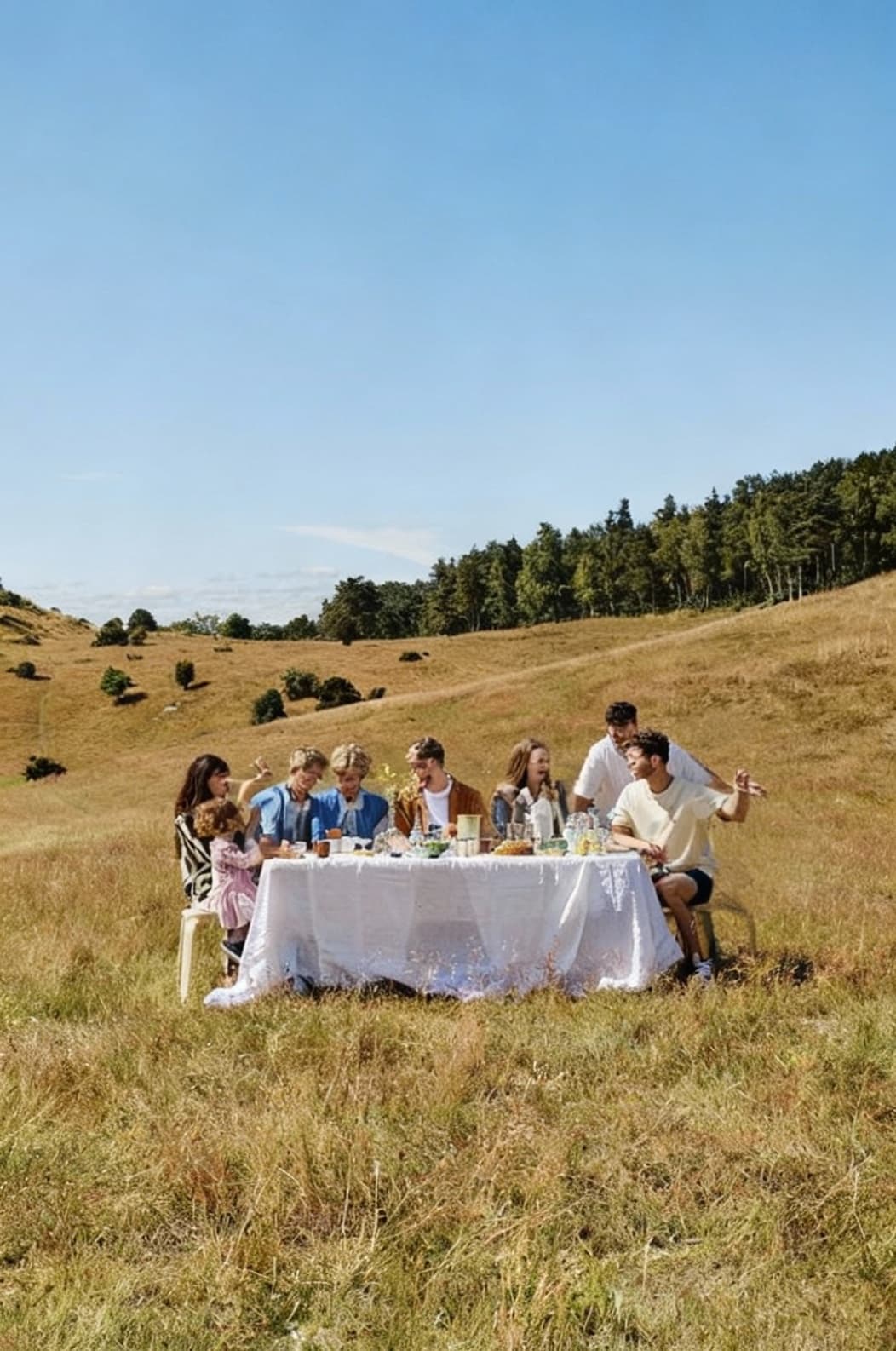 AI generated: Image exactly like the reference one but horizontal ratio with young people having fun instead