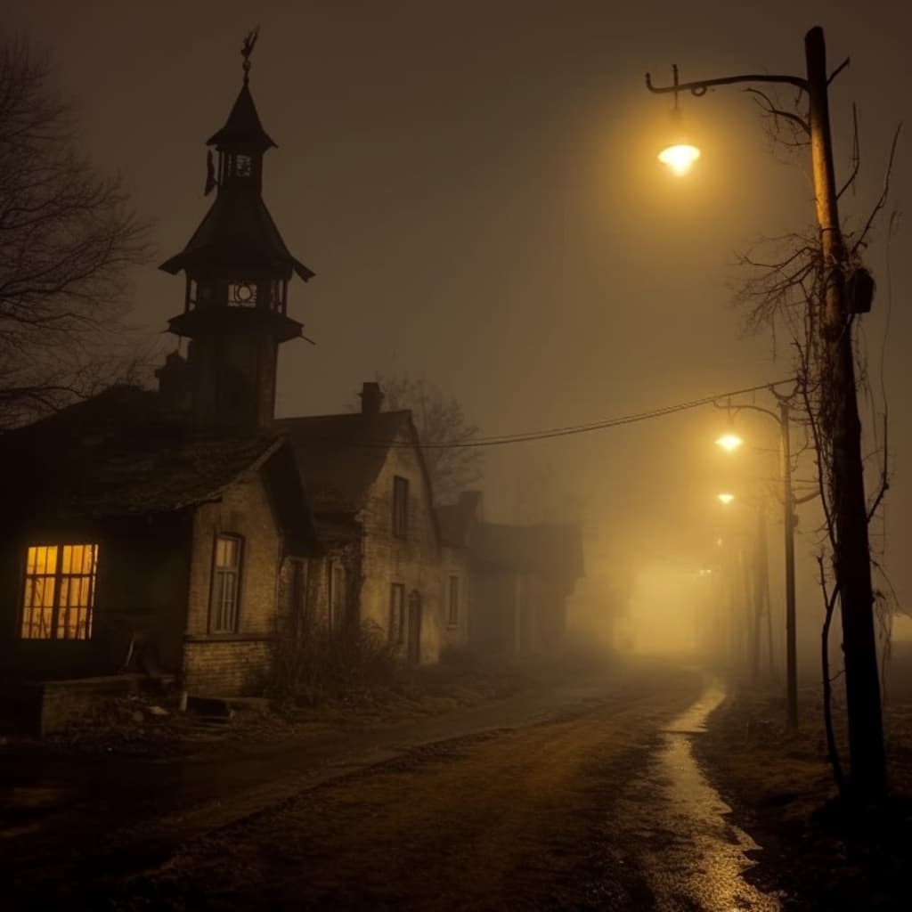 AI generated: A sleepy old town on a thick foggy dusk, yellow light lamp post, eerie, creepy and scary scene, dark...