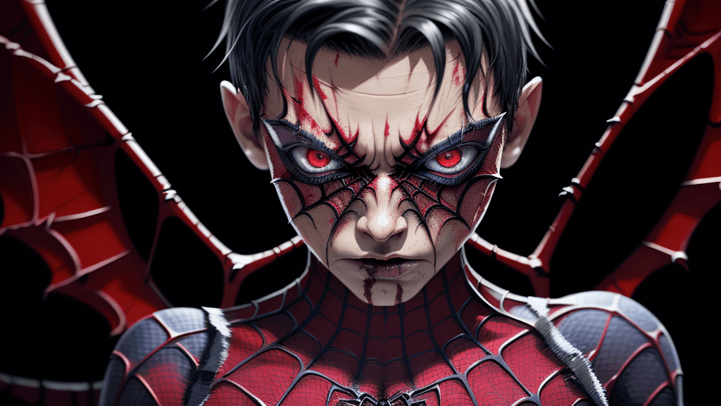 AI generated: in a funky background portrait of little evil vanquished Spider-Man, spiderweb wings, extremely Prom...