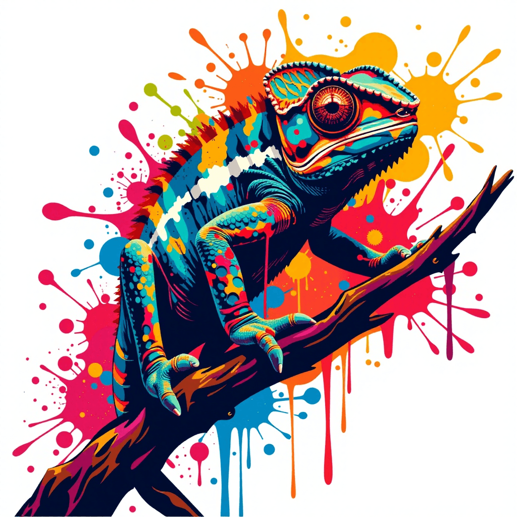 AI generated: Animal: Chameleon, Style: Vibrant Abstract Expressionism "T-shirt graphic: A chameleon, its form sug...