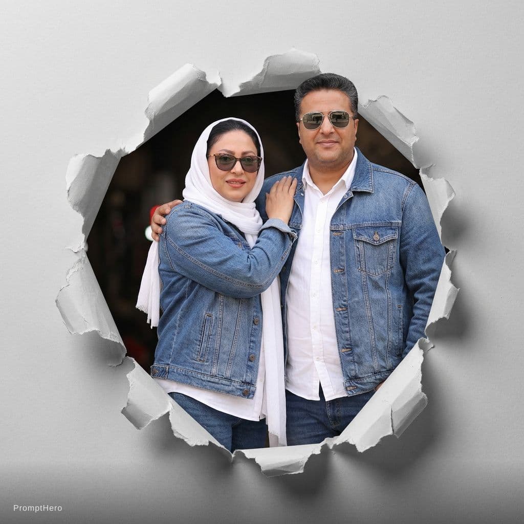 AI generated: Two Moroccan couple portraits, half-body view, emerging from realistic torn paper holes on a light g...