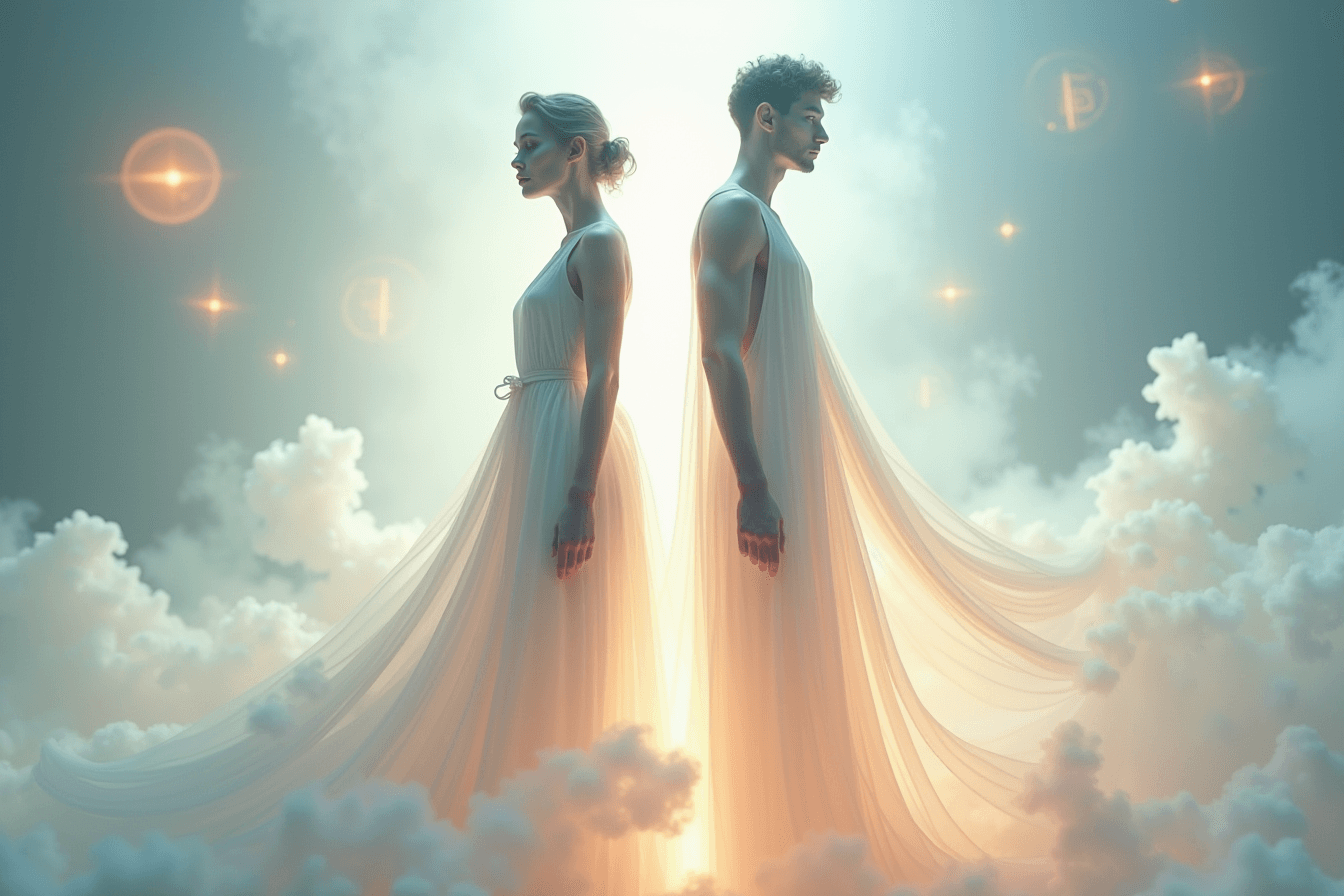 AI generated: two ethereal full-body portraits of divine surreal figures, one female and one male, standing gracef...