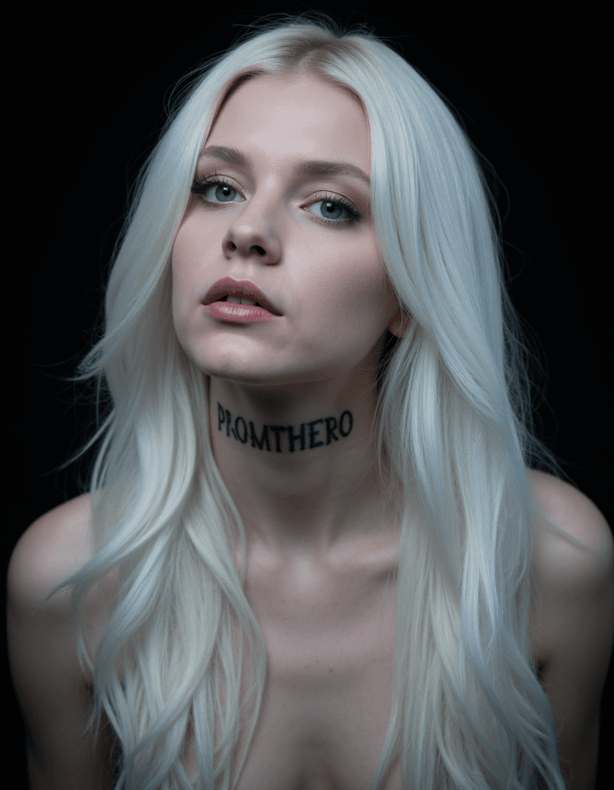 AI generated: A striking portrait of a Gothic girl with long white hair, the word "PROMTHERO" tattooed on her neck...