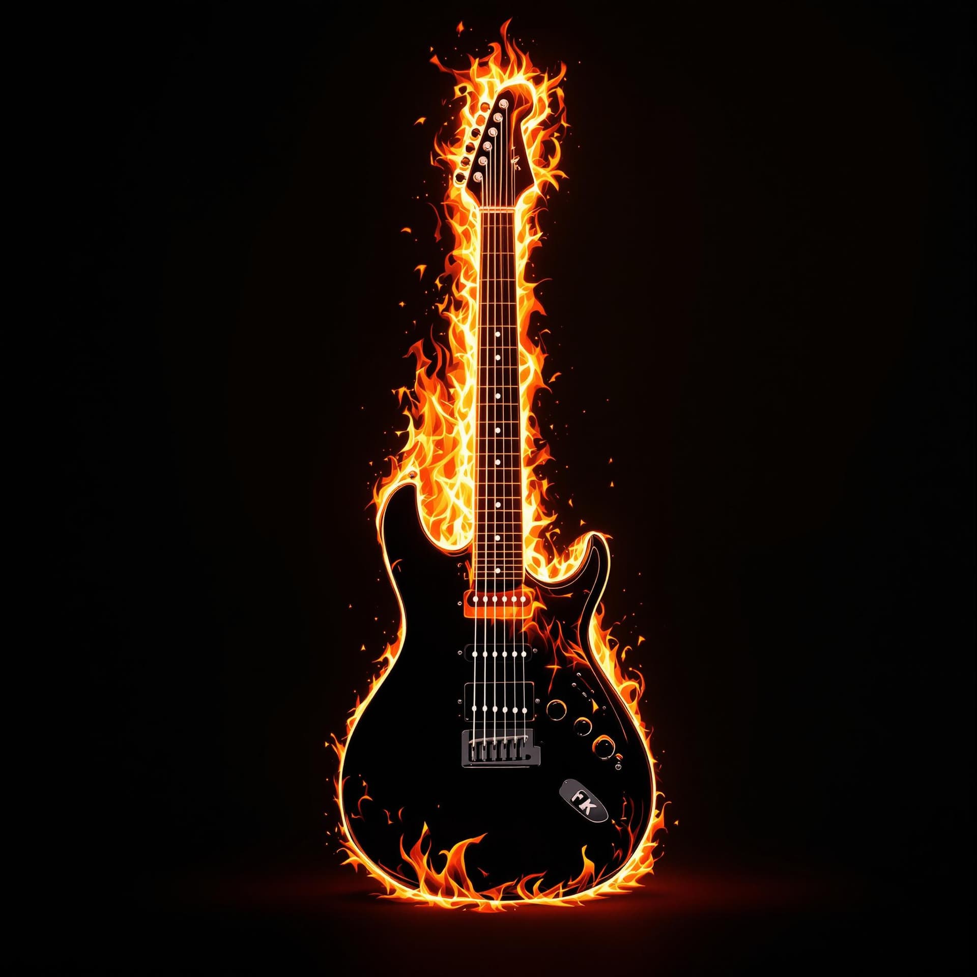 AI generated: black guitar standing upright on fire, the flames are on the left side of the guitar so the right si...