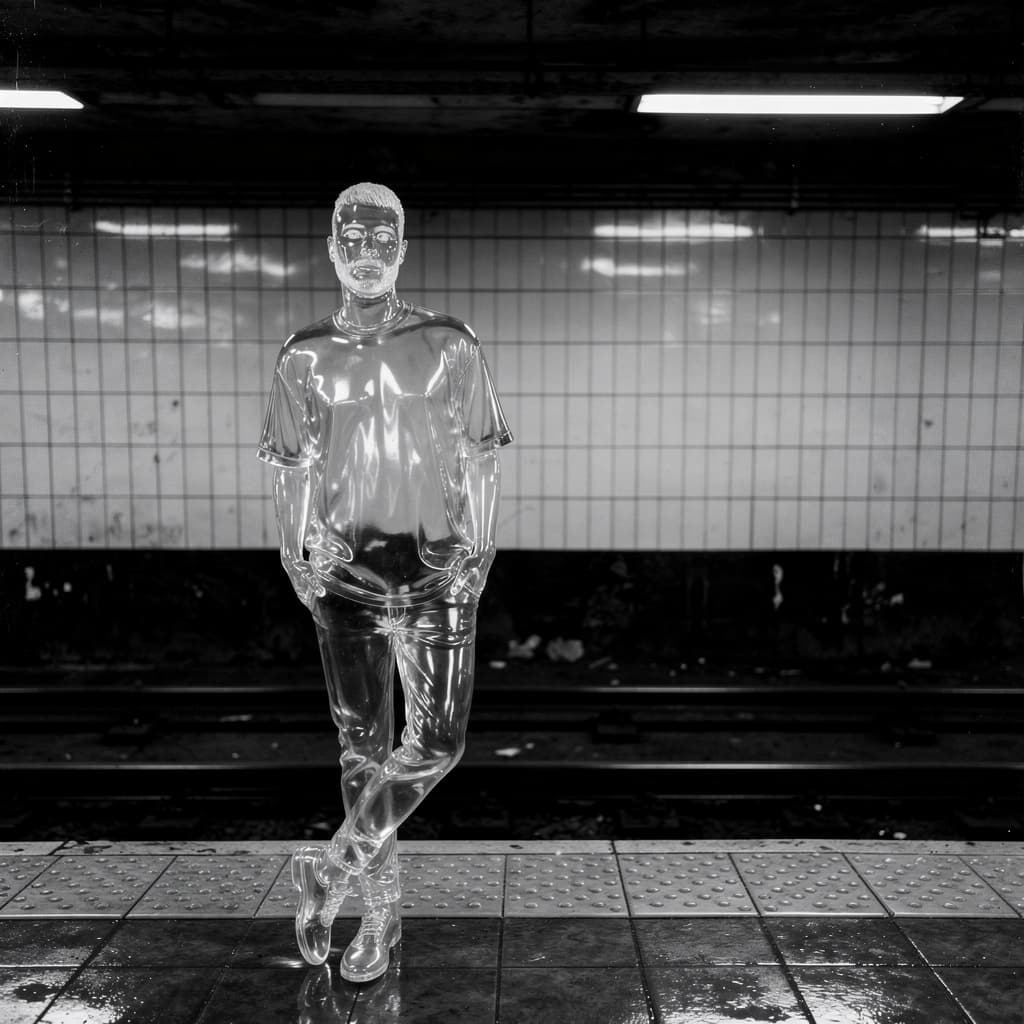 AI generated: Mean in a subway station, in the style of black and white imagery, gritty hollywood glamour, made of...