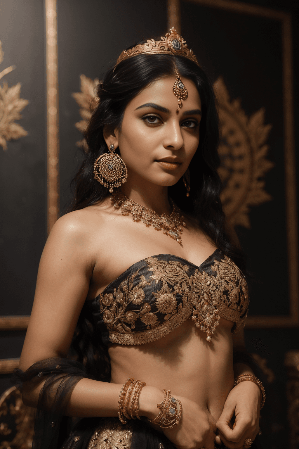 AI generated: Traditional indian girl in lehenga choli dress, dancing, wearing intricate bright gold jewelry,gold ...