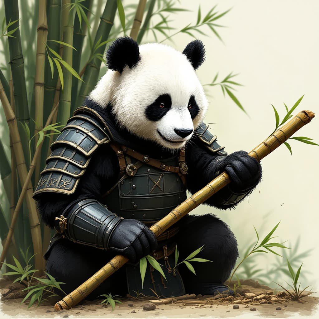 AI generated: A panda in armor, cultivating bamboo