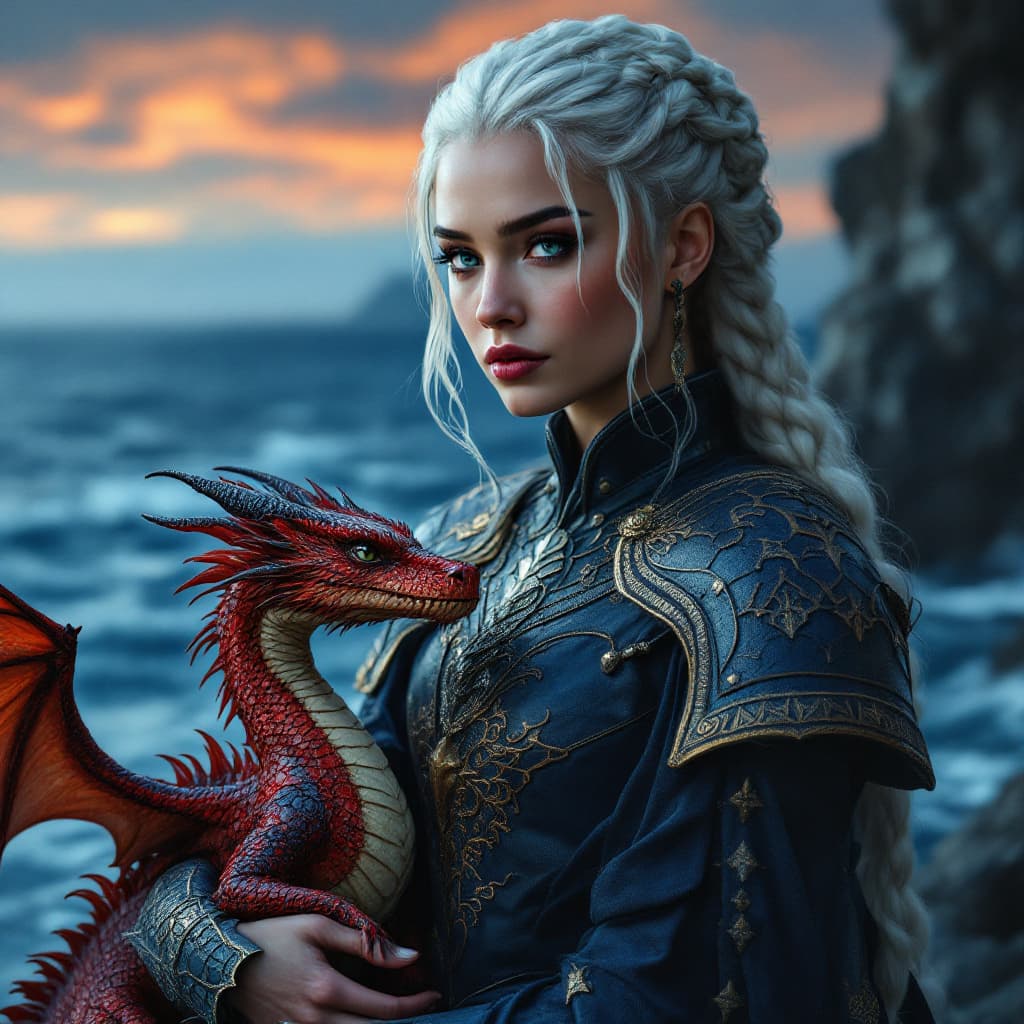 AI generated: 
Oil painting of Daenerys Targaryen, Mother of Dragons, with her silver hair intricately braided, we...