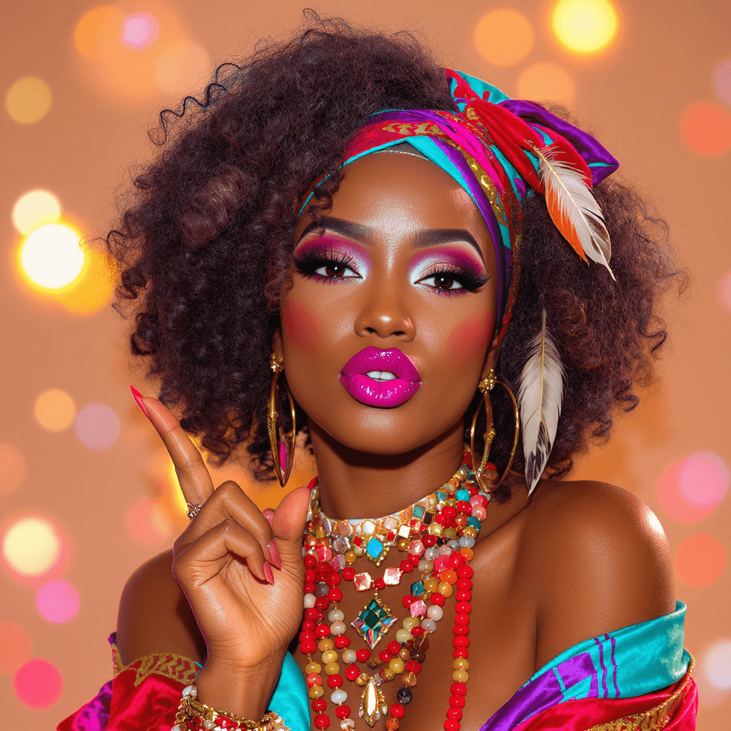 AI generated: A highly stylized digital portrait of a beautiful African-American woman. She has voluminous curly h...