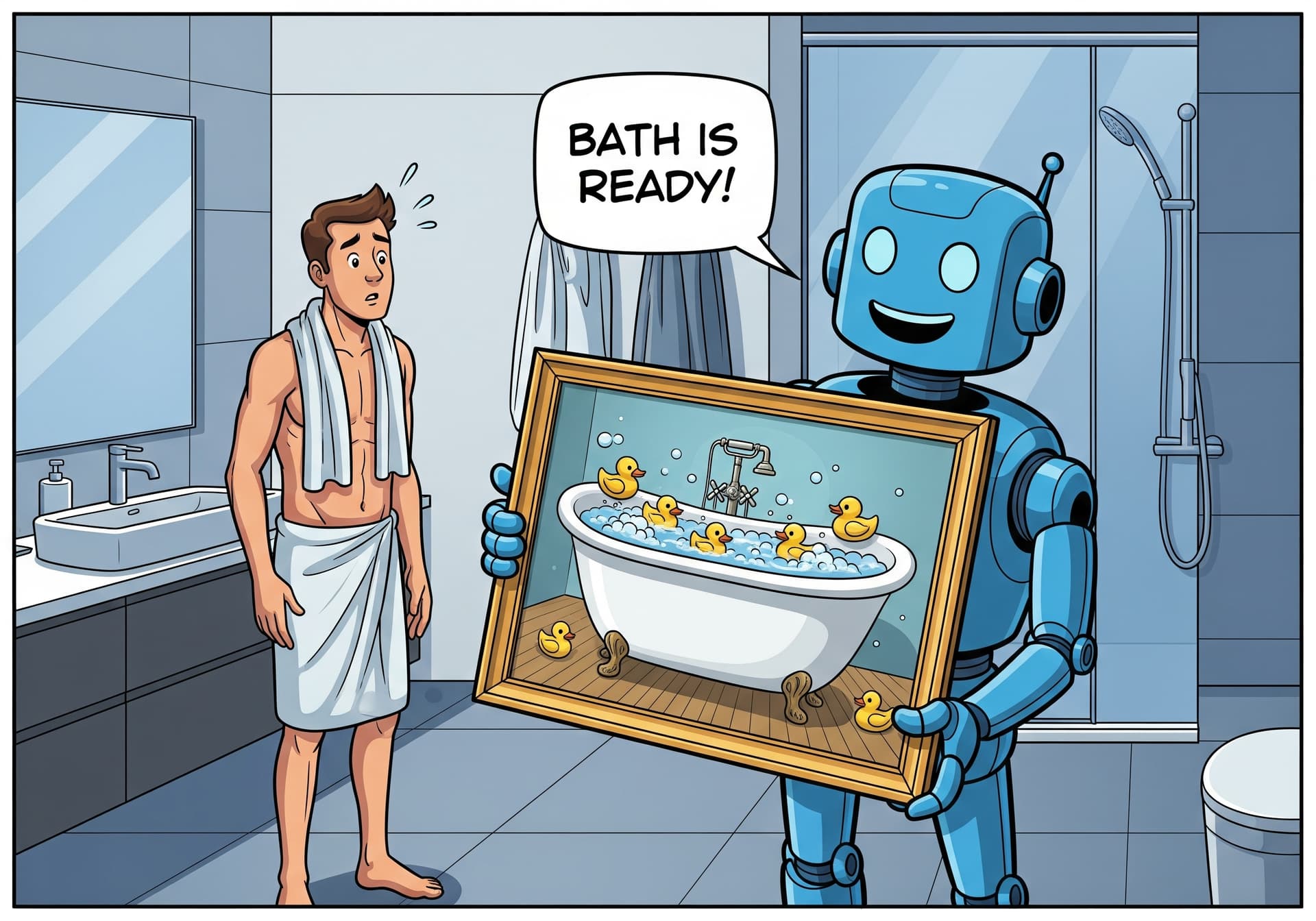 AI generated: A humorous comic-style illustration in a single panel.
Scene: In a modern bathroom, a man, with a t...